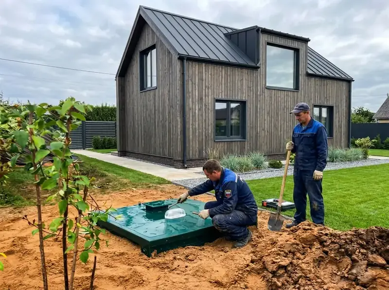 Монтаж септика у современного загородного дома под Санкт-Петербургом
